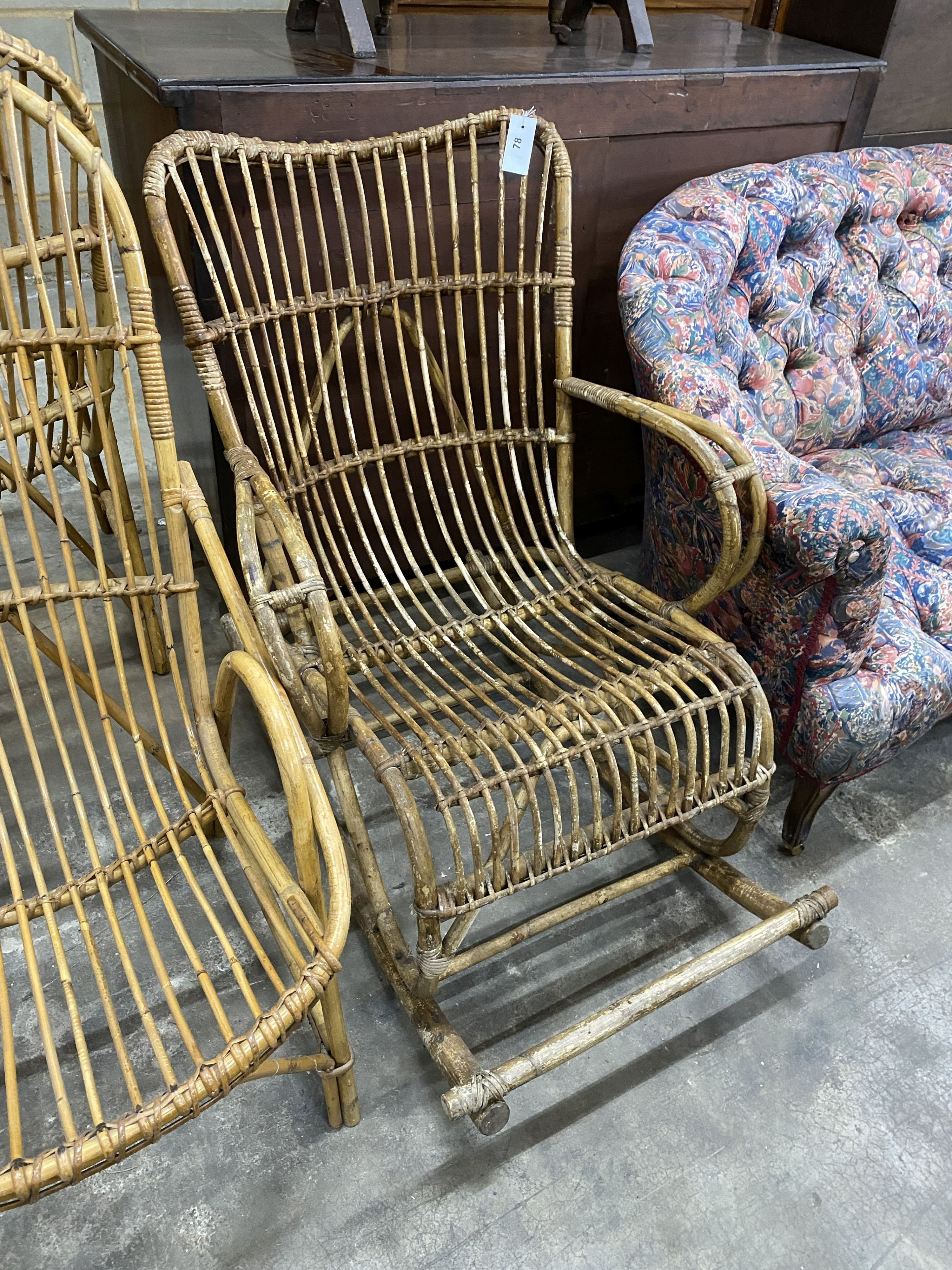 A rocking chair in the style of Franco Albino and a pair of bamboo conservatory chairs